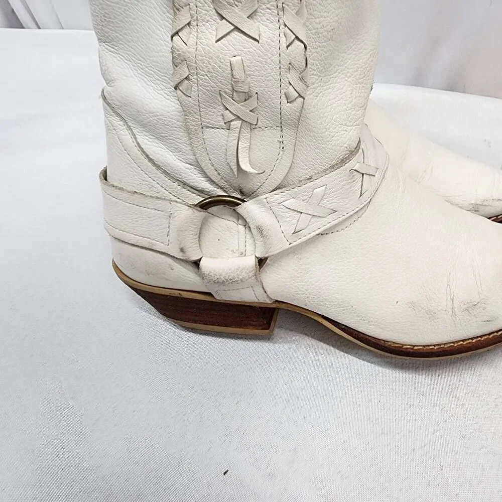 Women's 6 White Leather Braided Short Ankle Western Cowboy Boots Vintage